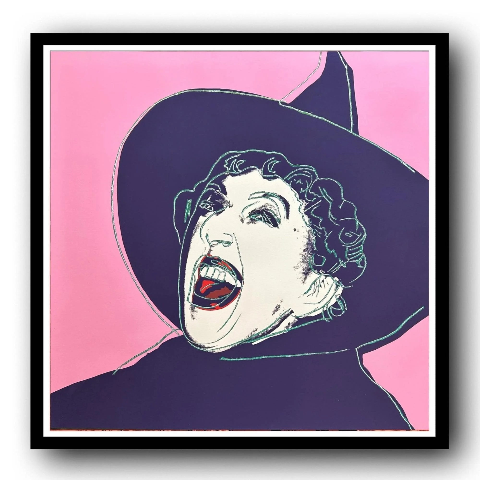 Framed artwork of a stylized Wicked Witch with a wide open mouth on a pink background